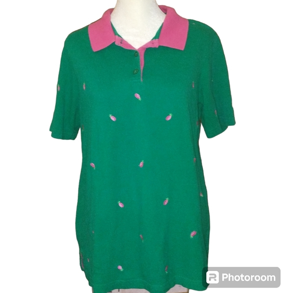 The Quacker Factory Pineapple Embroidered Polo Shirt EUC Size Medium EUC